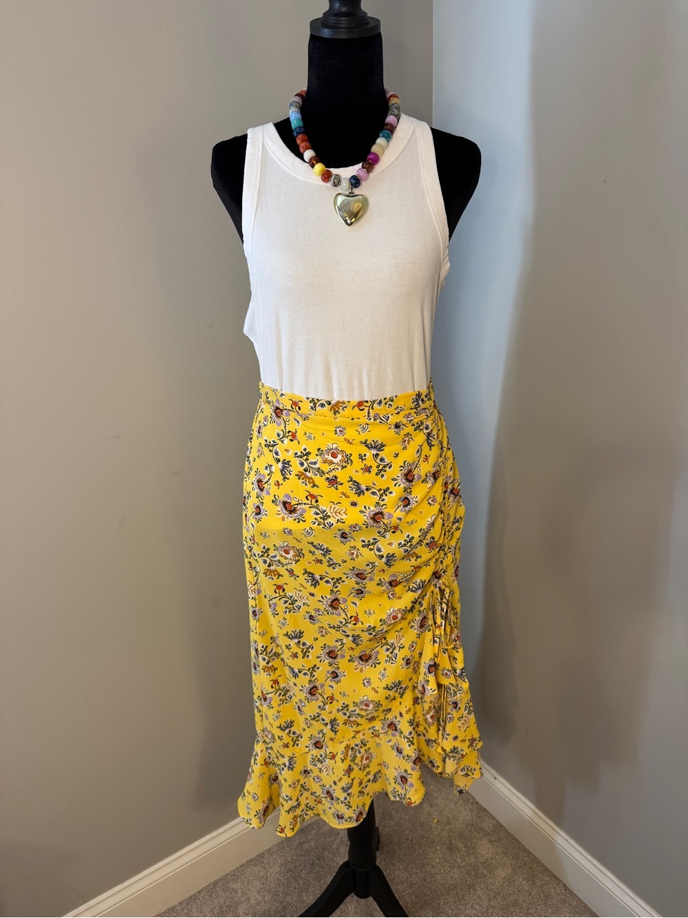 Max Studio Yellow Floral Ruffle Midi Skirt